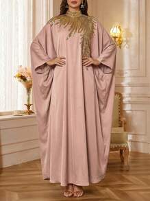 Solessence 优雅粉色宽松卡夫坦连衣裙，带金色亮片装饰，派对端庄长袍，正式穆斯林礼服，晚礼服，长袍连衣裙（宽松版型 - 请查看尺码表） - 粉色 - 查看 2