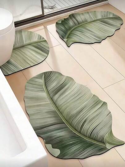 1件/3件装高品质绿色叶子纹理法式不对称地毯，奢华仿叶子地毯，简约优雅硅胶底背，快速吸水，适用于浴室、卫生间、玄关、厨房，易于清洁，浴垫（手工制作的不对称图案可能存在1-5厘米的偏差，建议订购大一号）