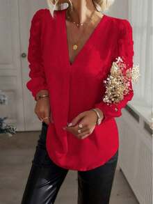 Women's Casual Swiss Dot V-Neck Petal Sleeve Blouse For Autumn Spring - Red - View 3