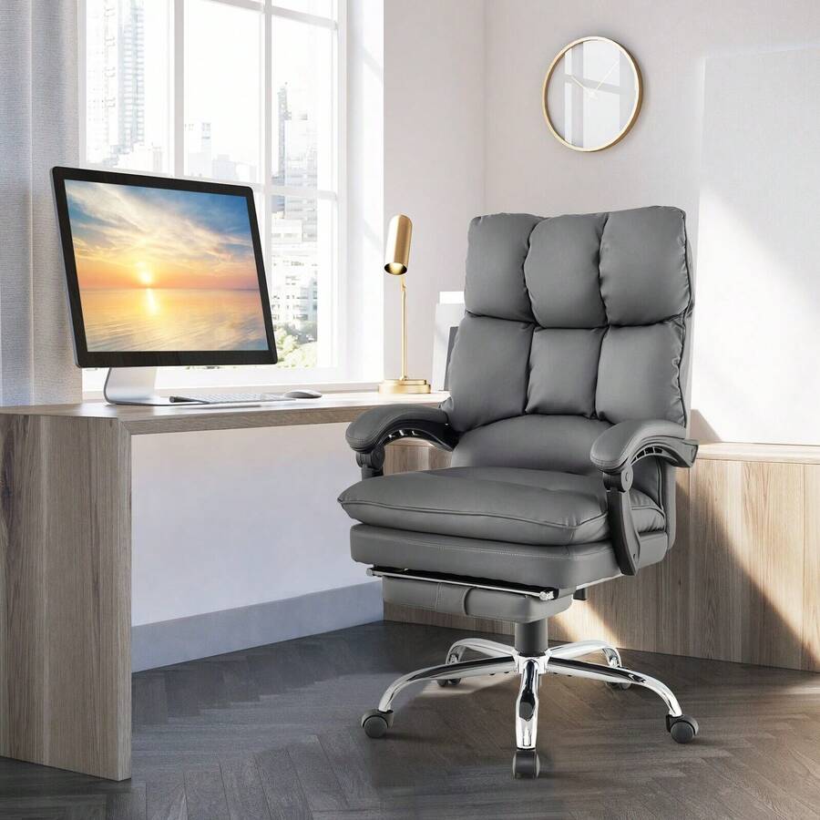 COSTWAY Ergonomic Adjustable High Back Rolling Computer Chair With Retractable Footrest, Grey - A - View 1