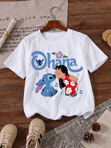 Disney Lilo & Stitch Ohana XOXO Hearts Cute Portrait Printed Pattern T-Shirts For Girls - Children's Clothing Design Short-Sleeved Casual And Cute Style Comfortable And Casual Wear All Year Round Suitable For Parties And Play Machine Washable Gift Children's Clothing Girls' Short-Sleeved Shirts - 白色 - 查看 2