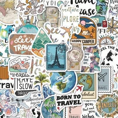 50 piezas Pegatinas de dibujos animados de viajes por el mundo Pegatinas impermeables DIY para teléfono, taza, equipaje