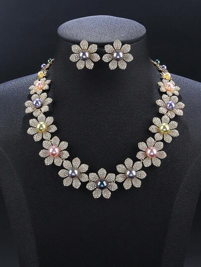 3件套奢华立方氧化锆项链耳环套装，仿珍珠首饰，适合婚礼、派对、新娘礼服、节日、生日礼物
