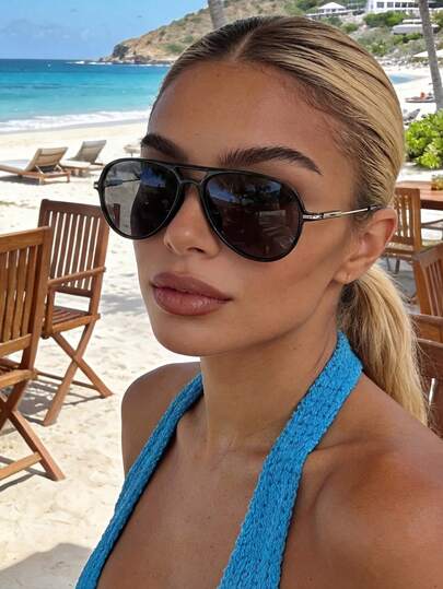 Retro Aviator Style Black Fashion Sunglasses, Classic Plastic Frame For Women, Outdoor Travel Beach Vacation Casual Wear, Summer UV Protection Shades Unisex