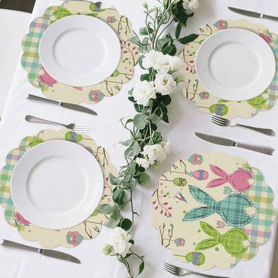 2/4/6/8/16pcs Vintage Floral Round Blue/Green/Pink 3 Rabbits Hanging On Branches, Bowknot, Eggs, Leaves, Flowers Placemats, Spring Easter Seasonal Holiday Table Decor For Kitchen, Dining Room