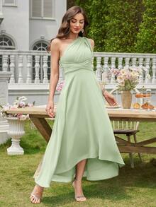 Volly Toych 鼠尾草绿百搭A字优雅不对称V领中长雪纺伴娘礼服，婚礼宾客礼服 - 青瓷 - 查看 6