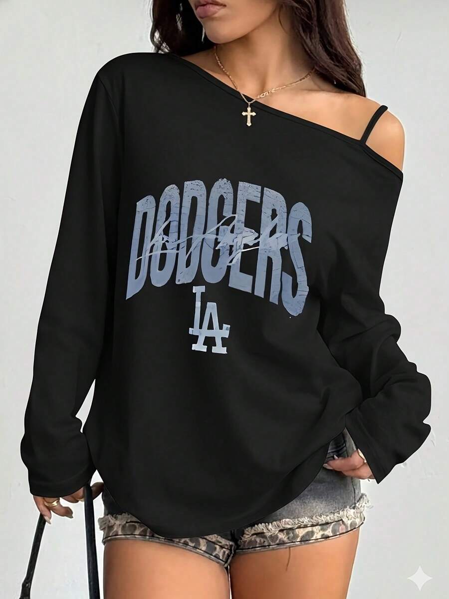 Graphic Tees Women, DODGERS Print, Off-The-Shoulder Long Sleeve Top, Summer Outfits, Casual Women Outfits, Y2K Style - 黑色 - 查看 1