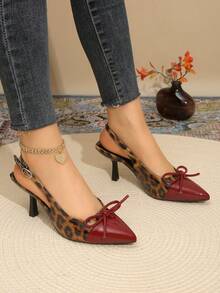 Leopard Print Color Block Pointed Toe Stiletto High Heels For Women, Backless Bowknot Decor Shoes, Strap Buckle Ankle Strap Fashion Party Shoes - Burgundy - View 5