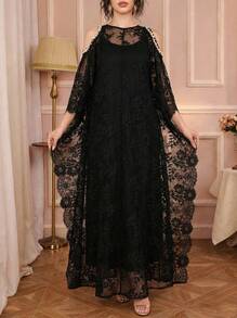 Solessence 女士纯色圆领落肩珍珠装饰细节精致串珠蕾丝长袖套装，搭配吊带裙，优雅阿拉伯风格连衣裙，适合日常、休闲、派对等场合，柔软舒适。 - 黑色 - 查看 1