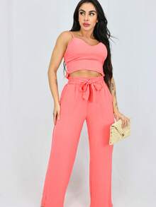 Women's Sand Dune Set: Wide-Leg Pants And Cropped Top With Built-In Bra, Adjustable Straps, Tailored Style. - Coral Orange - View 1