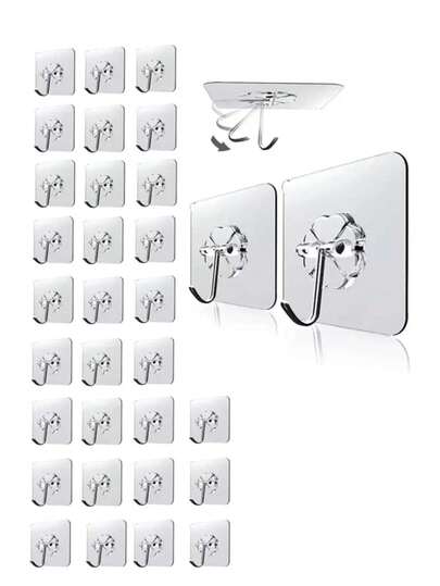 30pcs Adhesive Hooks Heavy Duty 8kg Max Self Adhesive Wall Hooks 36pcs, Waterproof Sticky Hooks For Kitchen Bathroom Living Room, Strong Hanging Hooks For Towel Utensils Key Cup Coat Home Organizer