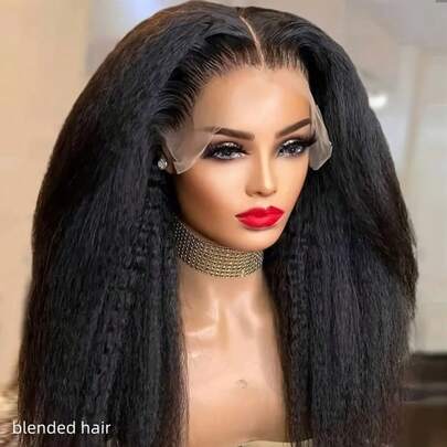 180% 密度蓬松直发假发，真人混纺发丝，13x4 高清蕾丝前假发，真人混纺发丝假发，适合，Yaki 直发真人混纺发丝假发，无胶前额假发，真人混纺发丝预拔毛假发，8-36 英寸