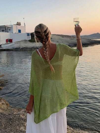 Women's New Bohemian Style Green Chiffon Shawl, Asymmetrical Design Lightweight Asymmetric Knit Sweater Top, Fashionable Casual Loose Fit, Suitable For Beach Vacation, Pool Party, Casual Travel, Outerwear