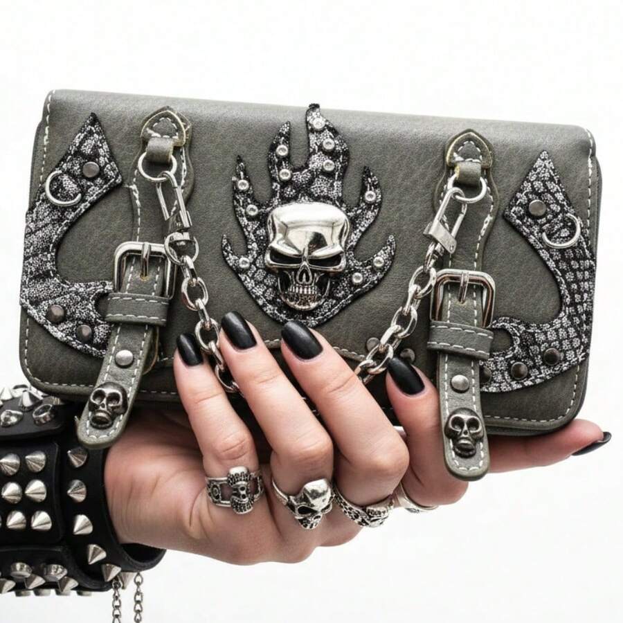 Punk Gothic Skull Leather Clutch With Card Slots And Coin Pouch For Women Wallet Purse Studs Chain Rivet Buckle Wristlet Wallet Long Wallet With Multi-Functional Large Capacity - Grey - View 1