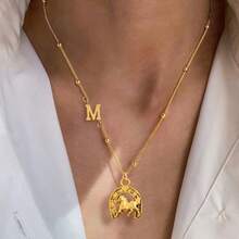 1 chiếc mặt dây chuyền hình đầu ngựa cao bồi miền Tây cổ điển, dây chuyền hạt bằng thép không gỉ mạ vàng dành cho nữ - Vàng - Xem 1
