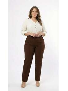 Plus Size Tailored Dress Pants - Marrón Chocolate - Ver 2