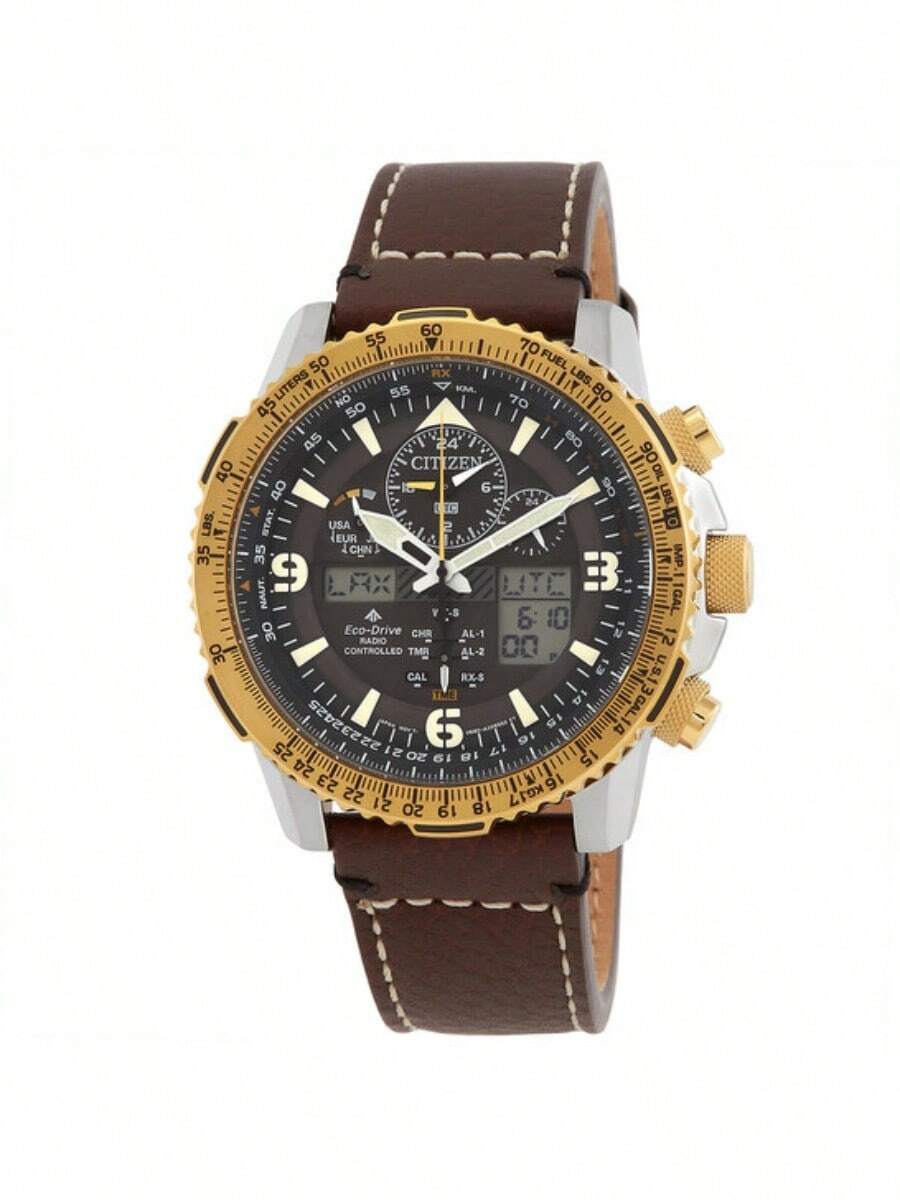 CITIZEN 45毫米不锈钢表壳多功能腕表，功能：不锈钢表壳（银色+金色），金色旋转表圈，黑色表盘带3个小表盘，日期显示，世界时间，棕色皮表带，矿物玻璃表镜，100米防水，-Drive机芯 - JY8084-17H - 黑色 - 查看 1
