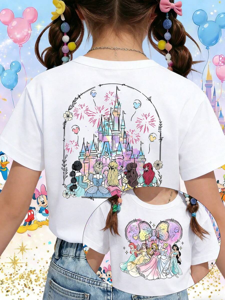 Disney Princess Squad Bow Frame Ariel Belle Aurora Jasmine Printed Pattern T-Shirts For Girls - Children's Clothing Design Short-Sleeved Casual And Cute Style Comfortable And Casual Wear All Year Round Suitable For Parties And Play Machine Washable Gift Children's Clothing Girls' Short-Sleeved Shirts - 白色 - 查看 1