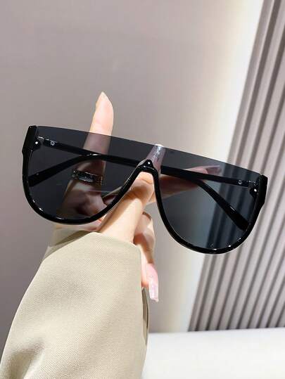 Integrated Lens Shield Shaped Large Frame Sunglasses, Plastic Black Street Y2K Style Eyeglasses, Decorative Outdoor Travel Beach Casual Wear, Summer UV Protection Driving Sunglasses For Men & Women