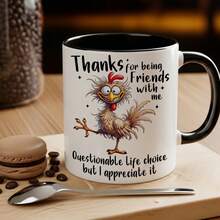 1个趣味小鸡马克杯，印有可爱公鸡和“谢谢你做我的朋友”农场双关语设计 - 11盎司白色陶瓷咖啡杯，适合农民、家禽爱好者、复活节礼物、乡村厨房用品（卡通小鸡杯） - 彩色 - 查看 2