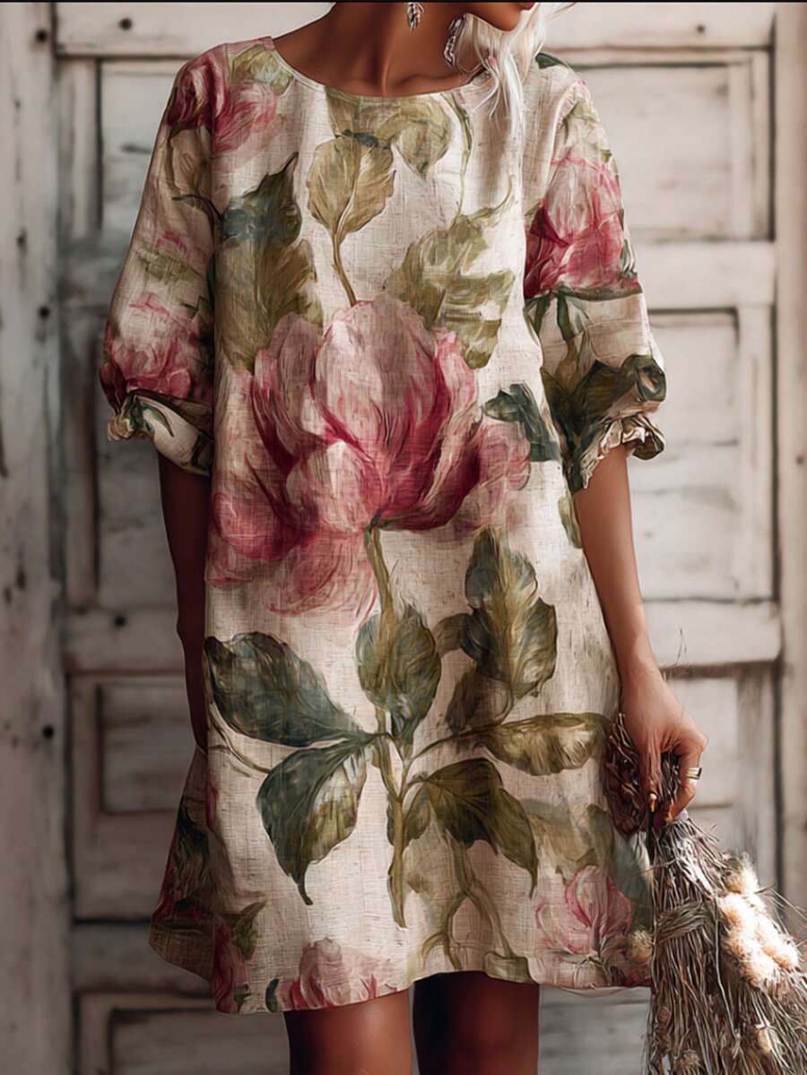 Women's Vintage Floral Print Linen Blend Round Neck Half Sleeve Loose Shift Dress - Casual Summer Vacation Outfit;Vestidos De Mujer;Summer Outfits For Women;Dresses For Women - Nhiều màu - Xem 1