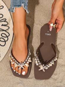 OXLL 手工串珠天然贝壳、金属海星、水钻装饰链，女士夏季沙滩拖鞋，柔软防滑鞋底，适合海滩度假，装饰链可拆卸，女士方头人字拖 - 咖啡棕 - 查看 5