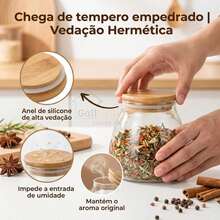 Kit 02 Potes De Vidro Com Tampa De Bambu 400ml 10cm De Diâmetro 10,5cm De Altura Vedação Com Anel De Silicone Para Armazenamento De Alimentos - Multicolorido - Visão 7