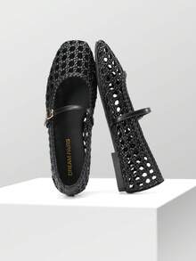 Women Woven Ballet Flats Squared Toe Mary Jane Flats With Adjustable Buckle Strap Comfortable Spring & Summer Flat Sandals - Black - View 4