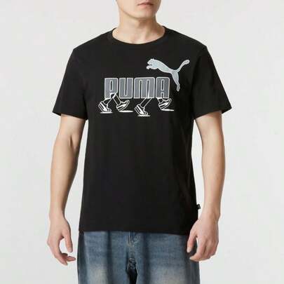 Puma 男士印花运动鞋T恤，100%纯棉短袖圆领，休闲跑步步行运动通勤半袖682152-01