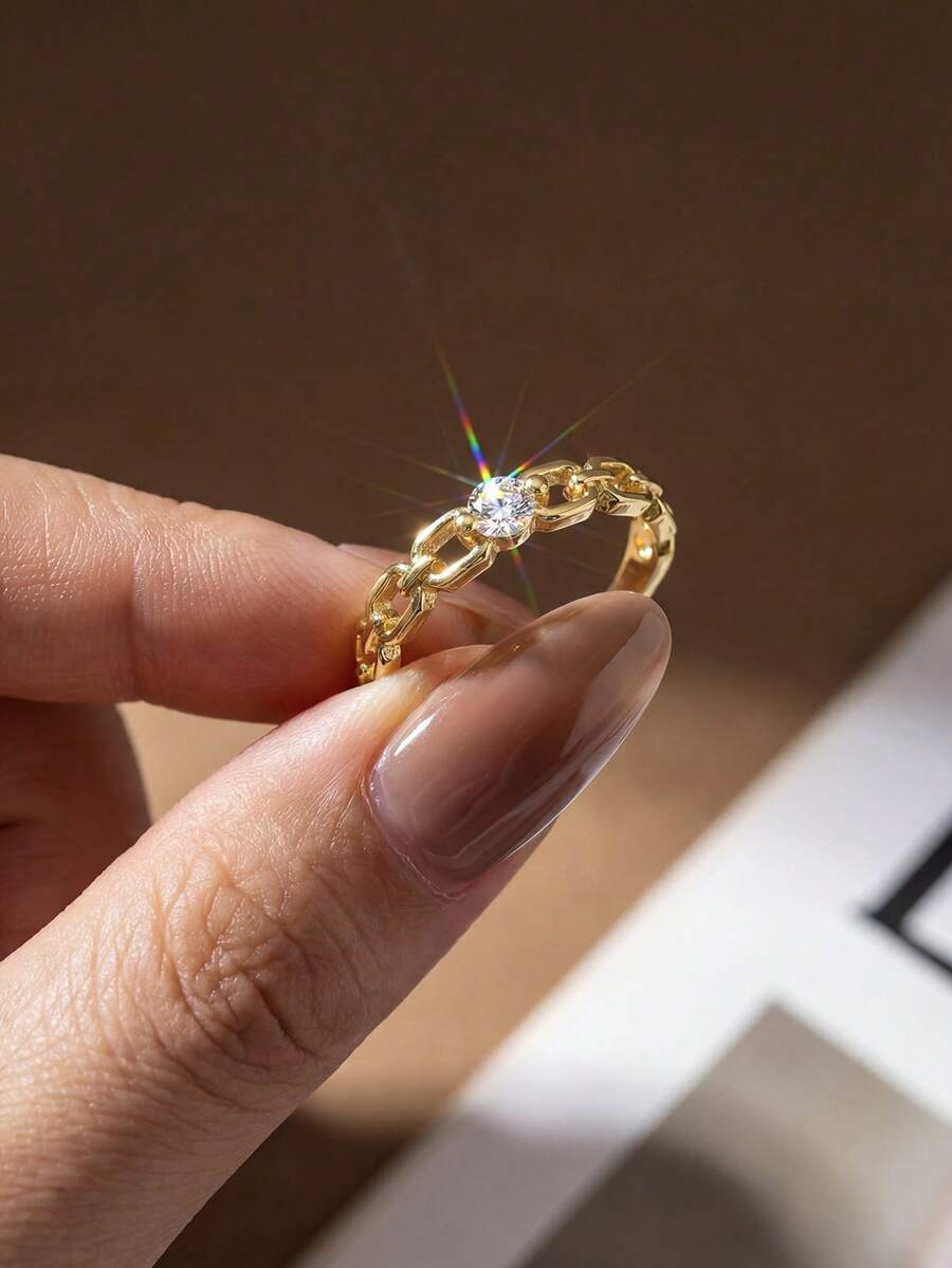 1pc Unique Chain Single Diamond Ring, 925 Sterling Silver Material, Suitable For Women's Daily Wear, Ins Style Design, Perfect Birthday Gift - Chain Solitaire Ring - View 1