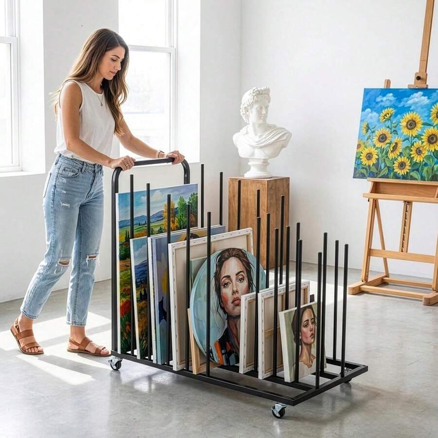 Art Storage Rack With Lockable Castors Adjustable Canvas Frame Organiser Cart Heavy Duty Metal Painting Drying Trolley For Studio, 80 X 45 X 77 Cm, Black