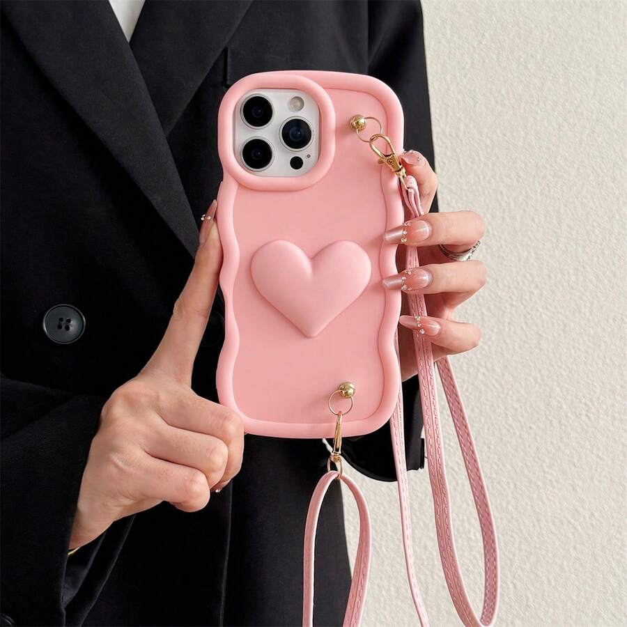 1pc Heart-Shaped Phone Case With Stand & Strap, Compatible With IPhone 17/17 Air/17 Pro/17 Pro Max/16/7/8/11/12/13/14/15/X/XR/Xs/Plus/Pro/Pro Max/SE2 - Pink - View 1