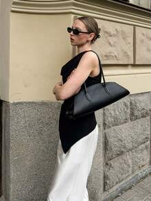 Top de hombro único irregular de color liso para mujer, estilo elegante y moderno - Negro - Ver 3