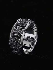 Cross Design Men's Ring, Hiphop Indie Style, Vintage Black Color Elegant Open Band - Antique Silver - View 3