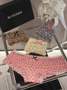 5PCS, Cake Lace Leopard Print Floral Sexy Women's Underwear, Mesh Breathable Triangle Underwear, Pink Colorful Underwear - 彩色 - 查看 3