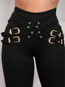 Woman Red High Waist Buckle Detail Leggings – Slim Fit Statement Style - Black - View 2