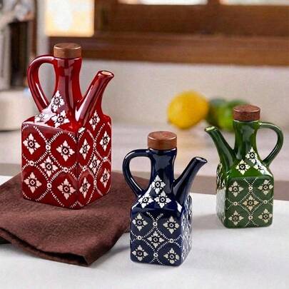 Cirelle 1pc Ceramic Oil Dispenser, Soy Sauce Dispenser With Wooden Lid And Handle, Blue And White Porcelain Design, Freezer , Square Shape, Suitable For Kitchen Condiment Storage, Vinegar, Soy Sauce And Seasoning Container, Kitchen Storage Solution | Artistic Floral Design | Wooden Lid Jar | Dispenser Bottle