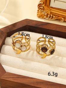 1 Pair 18K Gold Plated Stainless Steel Open Ring Set, Lightning & Moon Shaped, Inlaid With Round Brown And Milky White Gemstones, Exaggerated And Stylish, Suitable For Fashion Outfits Or Daily Wear - Yellow Gold - View 4