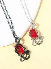 1pc Exaggerated European & American Design Thorn Vine & Flower Wrap Heart Pendant Necklace, Halloween Pendant, Couples Wear, Unisex Necklace, Silver & Black Color, Gift - Multicolor - View 2