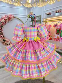 Children's Dress For June Festival, Checkered Pattern With Candy Pink Ribbons, Junina Country Style, Square Dance, Saint John's Day, Ruffles - Nhiều màu - Xem 1