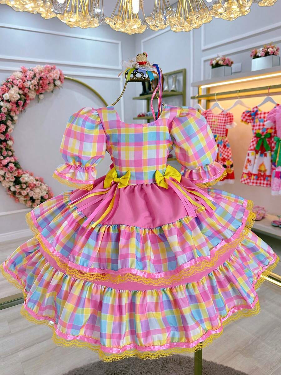 Children's Dress For June Festival, Checkered Pattern With Candy Pink Ribbons, Junina Country Style, Square Dance, Saint John's Day, Ruffles - Nhiều màu - Xem 1
