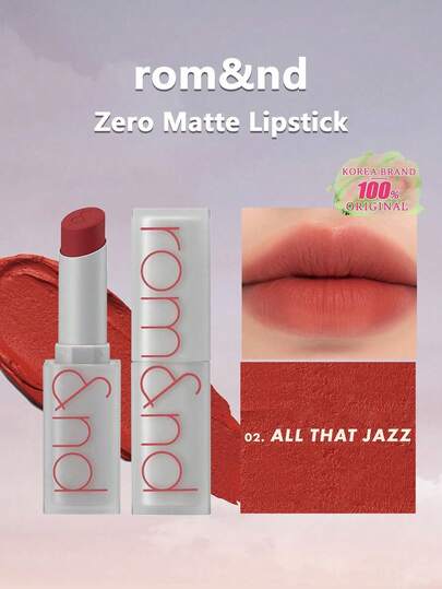 Rom&nd ZERO MATTE LIPSTICK #2 ALL THAT JAZZ, Velvety Matte Texture, Lightweight & Non-Drying, Soft Focus Matte Finish, Blurred Lip Look, Everyday Matte Makeup, Professional Cosmetics, Special Occasions, Korean Makeup, 3g/0.11oz.