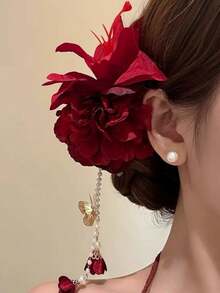 2026新款中国风红色花朵流苏蝴蝶发夹，复古发饰，发爪，发夹，发卡，花朵发夹，发卡，夏季配饰 - 紅色 - 查看 7