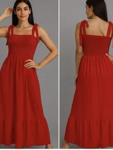 Women's Long Dress With Elastic And Adjustable Straps, Casual Style. - 紅色 - 查看 1