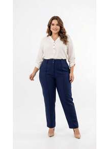 Plus Size Tailored Dress Pants - Navy Blue - View 5