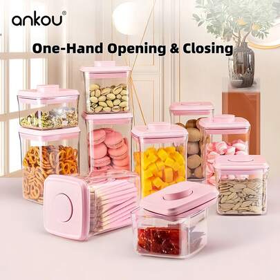 ANKOU 3pcs Airtight Food Storage Containers Set (0.32L+0.5L+1.2L), Elegant Pink Transparent, Pressure Seal Design, Suitable For Snacks, Cookies, Grains, Fruits, Nuts, Spices, Sugar, Weddings, Parties And Home Use, One-Click Open And Close Lid, Convenient For Kitchen Cabinet Organization And Storage