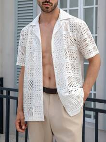 男士领提花休闲短袖衬衫 - 杏色 - 查看 7