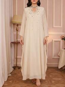 Solessence Elegant Long Sleeve Batwing Abaya Dress, Decorated With Beads And Rhinestone Keyhole Neckline, Made Of Non-Stretch Woven Fabric, Perfect For Special Occasions - Apricot - View 1