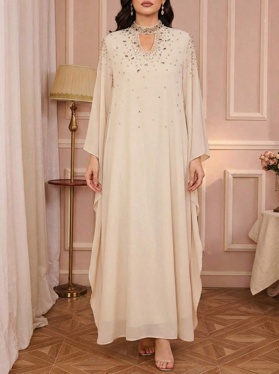Solessence Elegant Long Sleeve Batwing Abaya Dress, Decorated With Beads And Rhinestone Keyhole Neckline, Made Of Non-Stretch Woven Fabric, Perfect For Special Occasions - Apricot - View 1