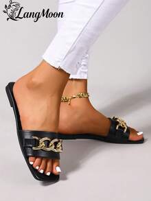 LangMoon 2026新款黑色金属链条方头平底女式时尚拖鞋,简约纯黑色鞋面搭配奢华双链水钻装饰,柔软鞋底防滑耐穿舒适,百搭显瘦,适合度假、通勤、购物、派对、春夏等各种场合。 - 黑色 - 查看 4